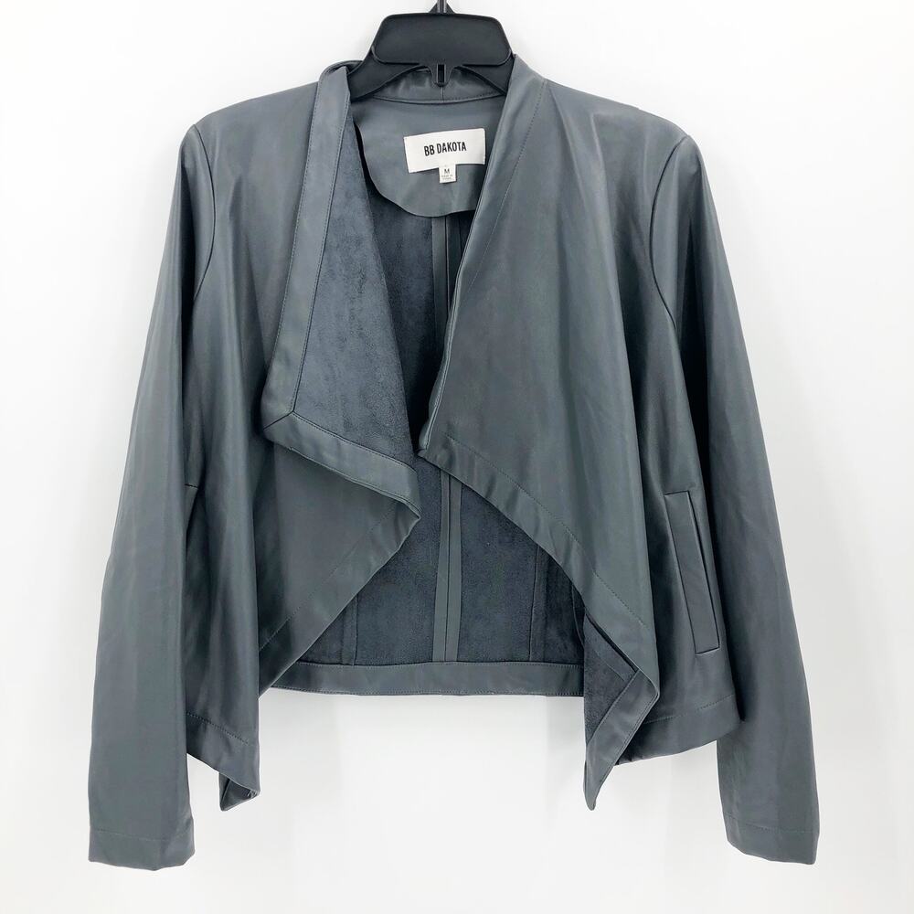 BB Dakota Womens Gracelyn Jacket Medium Grey Faux Leather Drape Front